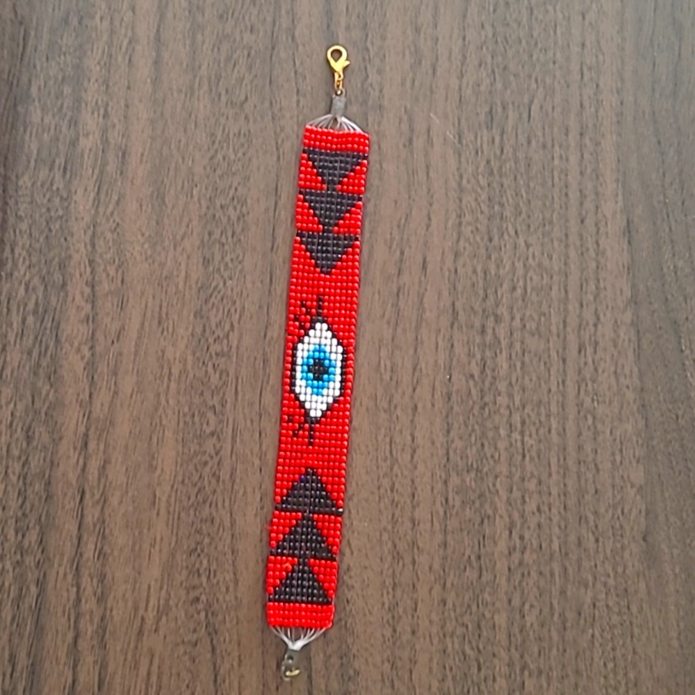 New Y2K Boho Red Evil Eye Beaded Woven Bracelet.7"